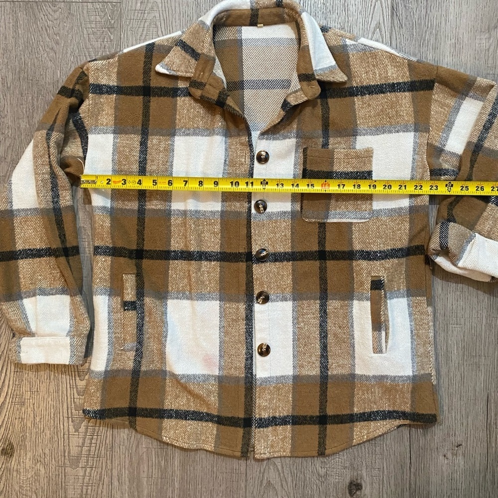Women’s Tan Black Ivory Button Up Plaid Shacket, L or Large - Picture 6 of 11